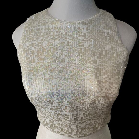 WHITE SEQUIN HALTER TOP BY DRESS THE POPULATION, XL - Picture 1 of 9